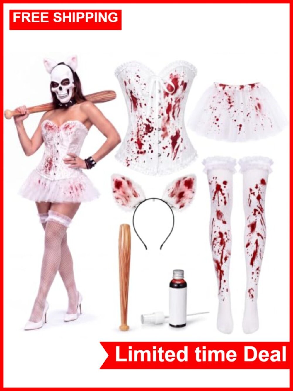 Hercicy Halloween Horror Women's Costume Set Bloody Zombie Outfit